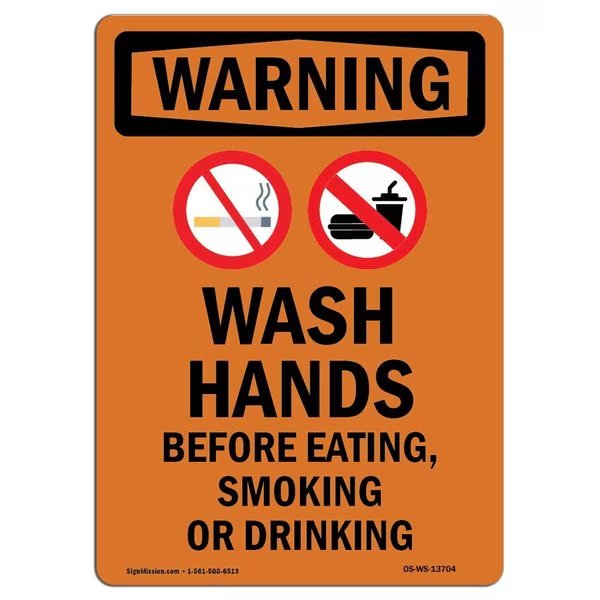 OSHA WARNING Sign, Wash Hands Before, 5in X 3.5in Decal, 10PK, 3.5